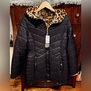 Bebe Black Puffer with Reversible Faux Fur Leopard Lining